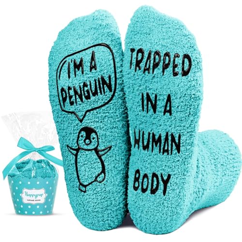 HAPPYPOP Penguin Gifts for Women Men - Fuzzy Green Socks Animal Gifts Teens, Funny Penguin Socks