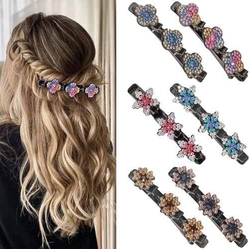 Fenglin-joy Pinces à Cheveux Tressées en Cristal Scintillant, 6 Pieces Barrette à Cheveux Latérale à Trois Fleurs Pinces à Cheveux tressés pour Femme et Fille