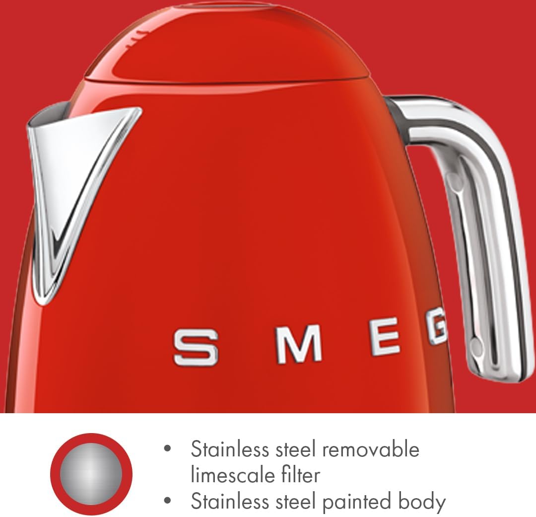 SMEG 7-Cup Variable Temperature Electric Kettle - Retro Style Aesthetic with Advanced Technology - Stainless Steel, 1400W, 120V, 360° Swivel Base, Keep Warm Function (Red)