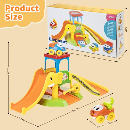lerrbo Kleinkindspielzeug für 0 1 2 3 Jahre alte Jungen und Mädchen Geburtstagsgeschenke, Elefantenrutsche mit 4 Cartoon Autos Lernen Babyspielzeug 12-18 Monate, Lernspielzeug für 1+ Jahr alt