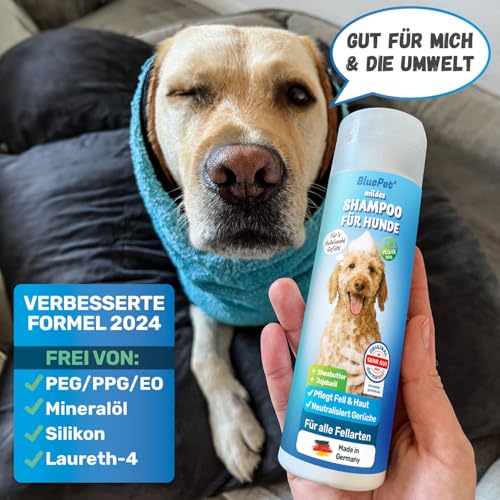 BluePet Mildes Hundeshampoo Gegen Juckreiz, Gerüche & Schmutz 200ml - Rückfettend & pH-Neutral - Für alle Hunderassen, Langhaar & Weißes Fell + Mit Aloe Vera & Jojobaöl