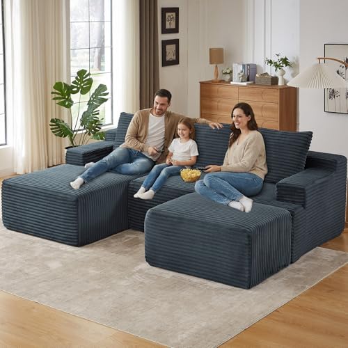 Image of 96 inch U-Shape Cloud Couch, Modern Modular Sectional L-Shape Sofa with Ottoman, Corduroy Upholstered Couches Deep Seat Sleeper Chaise Longue for Living Room, No Assembly Required(Dark Gray, Left Facing)