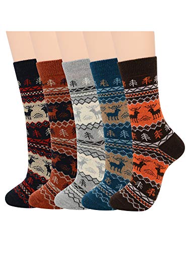Century Star Women's Christmas Holiday Socks Winter Athletic Socks Cotton Knit Crew Xmas Slipper Socks Fuzzy Socks 5 Pairs Brown Deer One Size