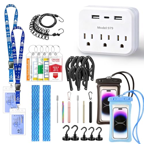 Novalunae 26PCS Cruise Essentials 2026, Cruise Ship Must Haves Kit for Boarding, Cabin Setup, Deck Days, Port Trips, Drinking Straws, Clothesline, Luggage Tags, Lanyards & More