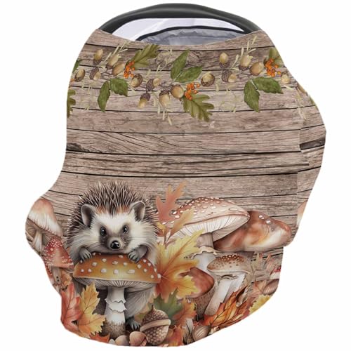 Nursing Cover for Breastfeeding Scarf, Fall Pumpkin Mushrooms Hedgehog Leaves Wood Baby Car Covers Super Soft Multi Use for Canopy Shopping Cart Cover Blanket Stroller Cover