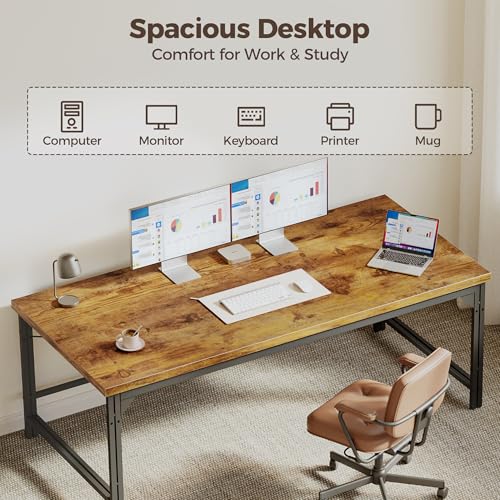 Image of Mericonia 40 Inch Computer Desk, 1 inch Thick Small Office Table, Brown | Modern Simple Style, Heavy Duty Industrial Frame, Small Study & Writing Table for Home Bedroom Work