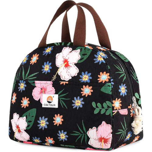 CaCTOUR Large Lunch Box for Women, Cute Lunch Box Cooler Bag, Portable Insulated LunchBox Reusable Corduroy Lunch Tote for Work/Travel/Picnic (Flower)