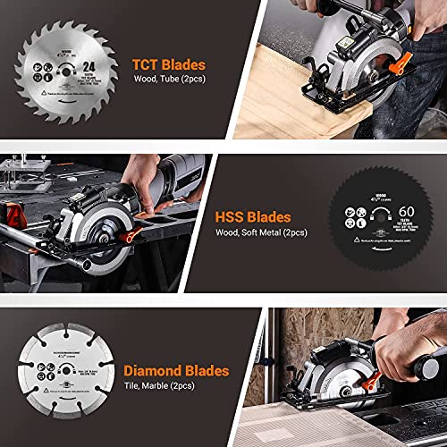 Mini Circular Saw With Metal Handle, 6.2A, 6 Blades (5" & 4-1/2"), (0-45°) Angle, 6 Speed, Laser Guide, Electric Circular Saw, Powerful Circular Saw For Wood, Soft Metal, Pvc Pipe #TOP5