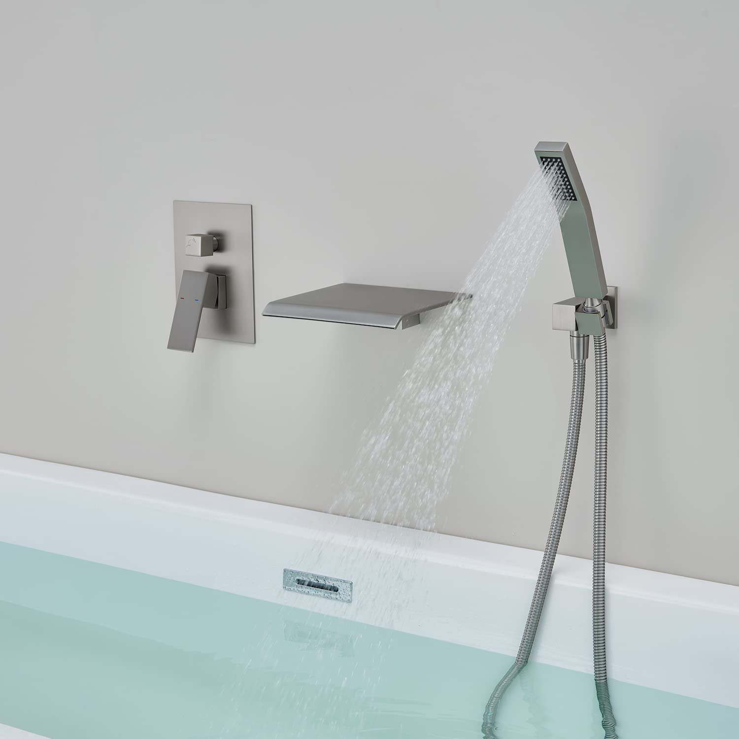 Wall Mount Tub Filler Waterfall Tub Faucet Brushed Nickel Bathtub Faucet Brass Single Handle Bathroom Faucet with Hand — view 6