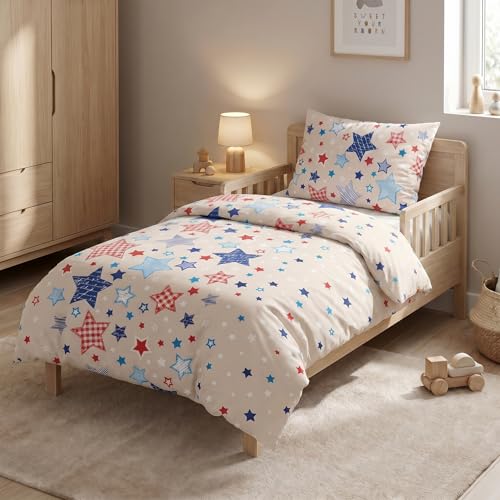 LINKHOFF Biber Kinderbettwäsche 100x135 Sterne Babybettwäsche 100 x 135 | Flanell Kinder-Bettwäsche 135x100 Beige Blau | Fein-Biber Mädchen u. Jungen für Kinder 100x135 / 40x60 Kissen