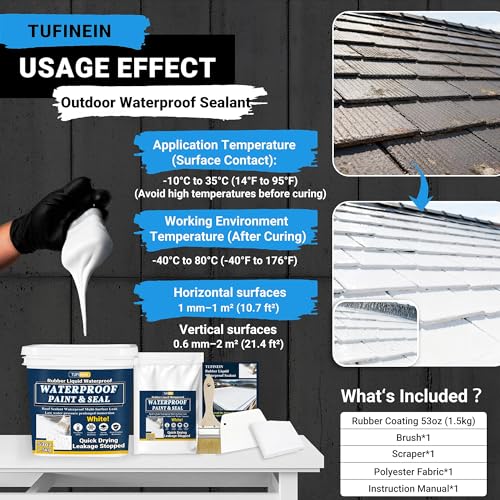 Image of Rubber Liquid Waterproof Sealant, TUFINEIN 53oz /1.5kg White Quick Drying Multi Surface Foundation Leak Repair - Roof Gutters Basement Sealer Waterproof - Indoor & Outdoor Flexible Rubber Paint