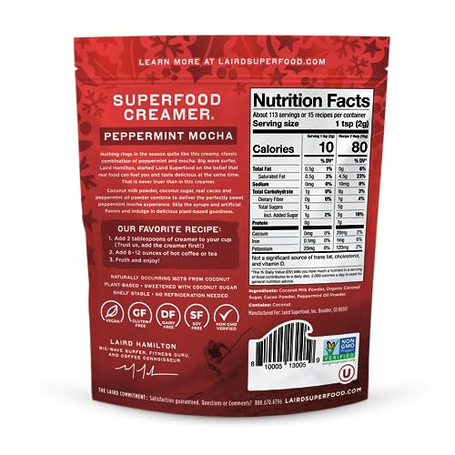 Image of Laird Superfood Non-Dairy Original Superfood Peppermint Mocha Coconut Powder Coffee Creamer, Gluten Free, Non-GMO, Vegan, 8 oz. Bag, Pack of 1