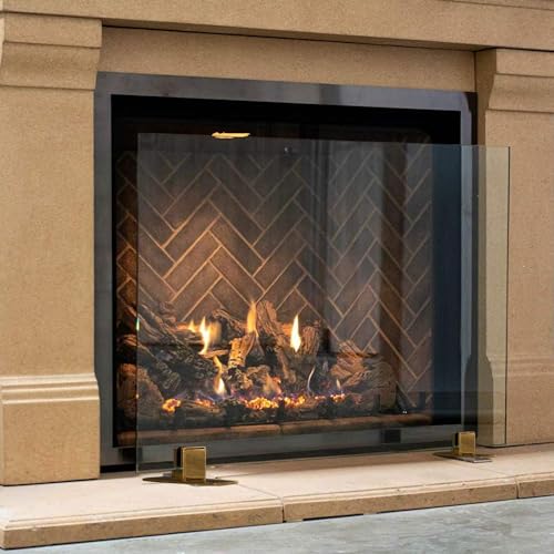 Image of AMS Fireplace | Manhattan Modern Freestanding Frameless Clear Glass Fireplace Screen with Golden Brass Feet Base (Small Size: 36 inch W X 26 inch H)