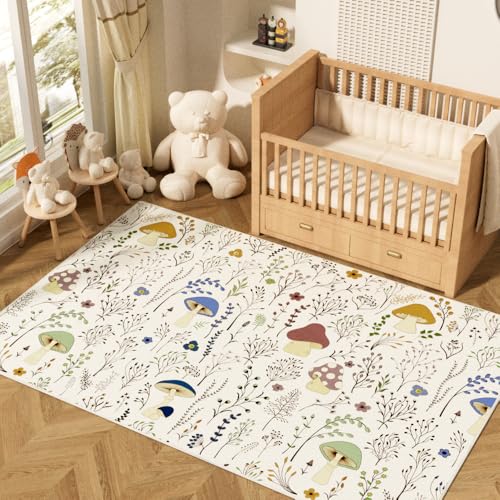 Image of Living Room Rug 4x6 Rug Machine Washable Area Rug Non Slip Mushrooms Large Rug for Living Room, Bedroom, Nursery, Dining Room, Kids Playroom(Beige)