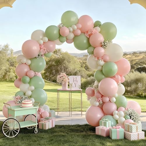 Image of Sage Green Pink Balloons, 50 Pcs for Girls Birthday Garden Jungle Party