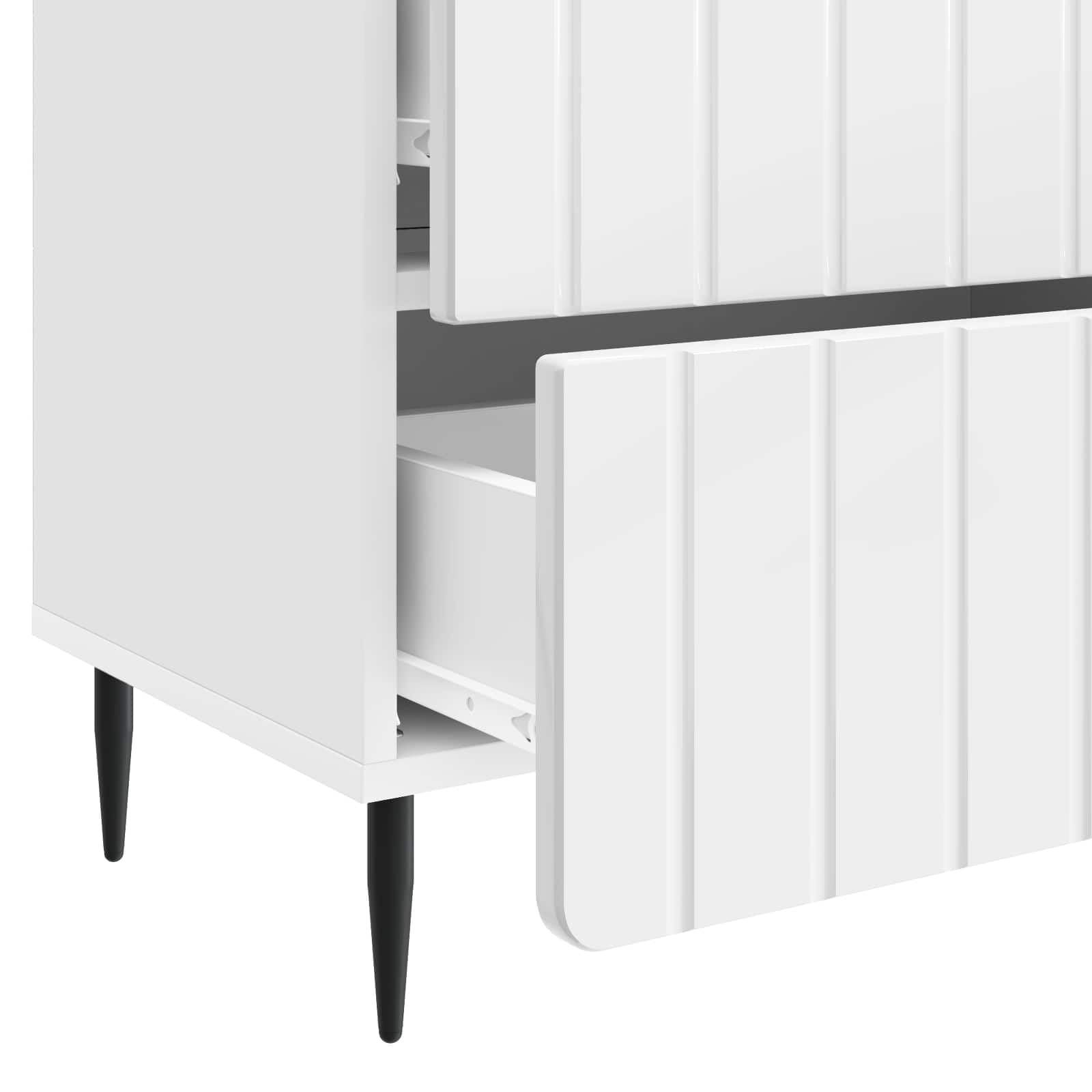 Mesita de noche moderna de color blanco brillante, 62 x 34,5 x 49,5 cm, de madera con diseño a rayas, bordes redondos y patas de hierro, mucho espacio para libros y técnica, fácil de limpiar