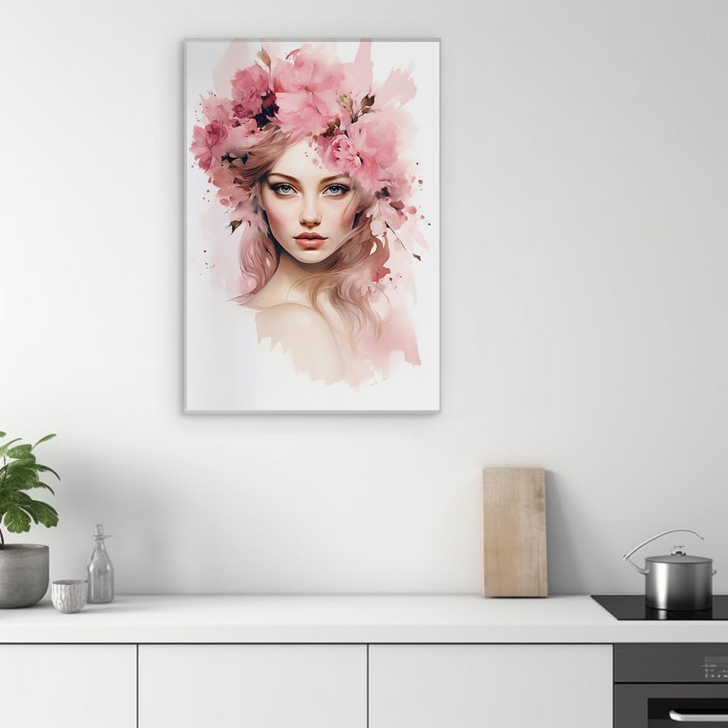Canvas for Living Room. Floral Dreamscapes: A Woman Adorned in a Blossoming Crown, 27 x 18 inch Canvas Wall Art - Contemporary Masterpieces - Botanical Home Decor