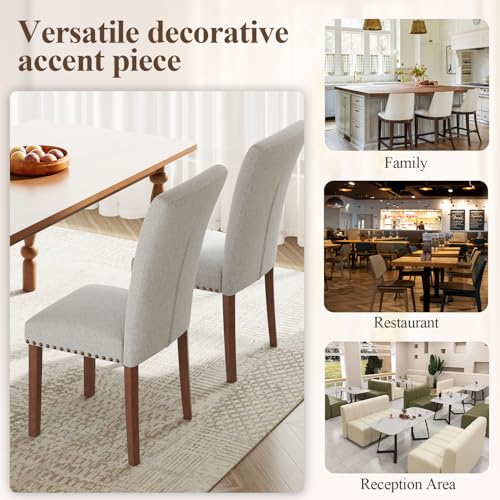 Image of Farmhouse Dining Chairs Set of 2, High Back with Wooden Legs and Nailhead Trim, Modern Fabric Dining Room Chair for Kitchen /Restaurant