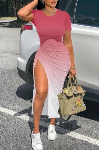 Image of Nimsruc Women Sexy Summer Dresses Short Sleeve Thigh-high Slit Ruched Bodycon Maxi Club Cocktail Party Dress
