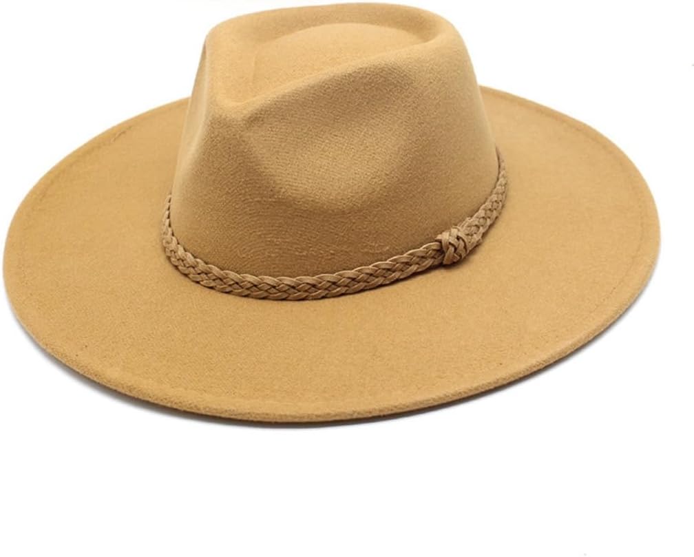 Western Fedora Hat with Braided Band, Wide Brim, Camel Brown