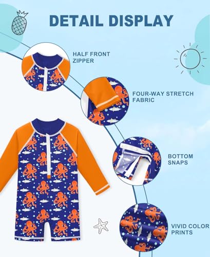 Image of BesserBay Baby Boy Swimsuit UPF 50+ Zip Front Long Sleeve Snaps Bottom One Piece Rash Guard 0-36 Months