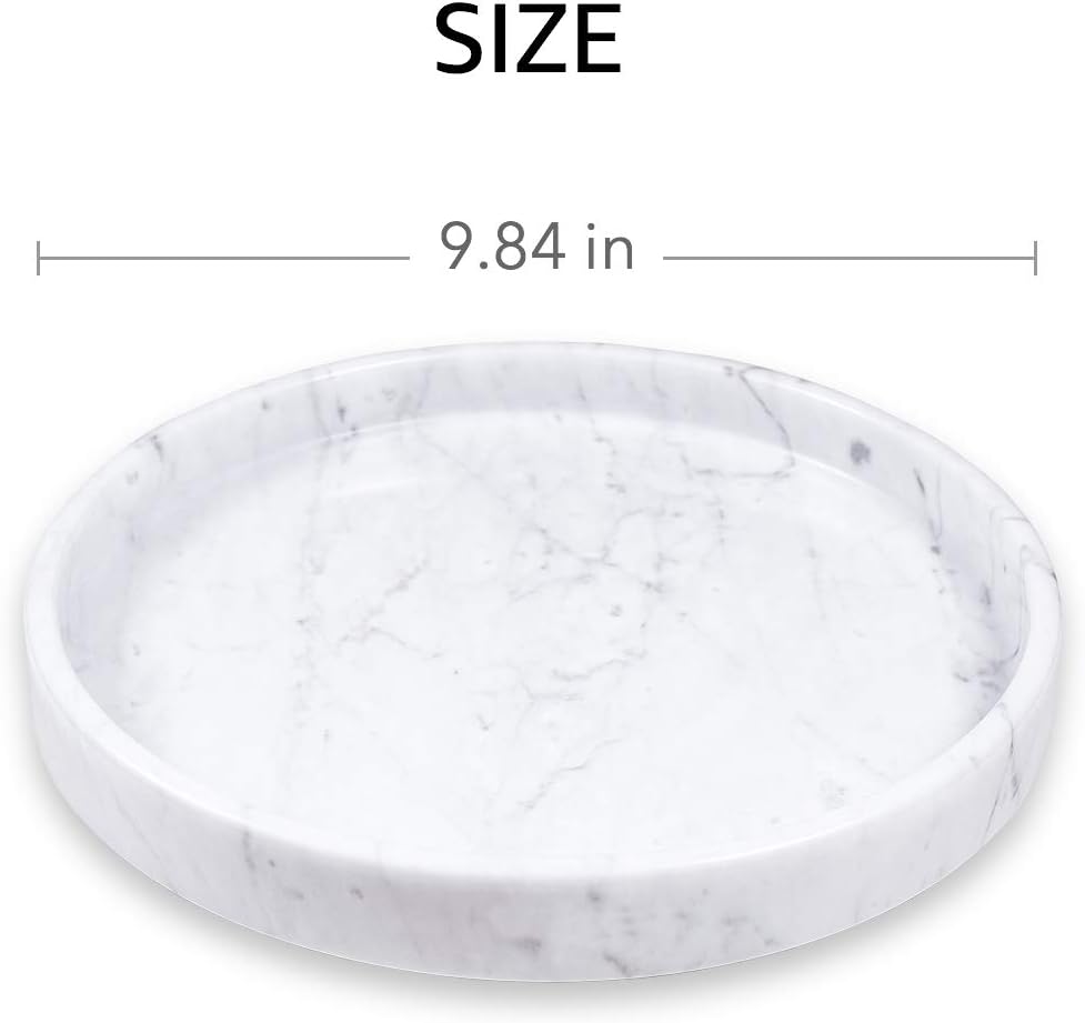 Natural Marble Round Vanity Tray- Bathroom Tray Countertop for Perfumes - Guest Tray Napkin Holder for Bathroom - Fruit Serving Plate for Kitchen - Coffee Table Decor - Jewelry Dish (9.84 inch)