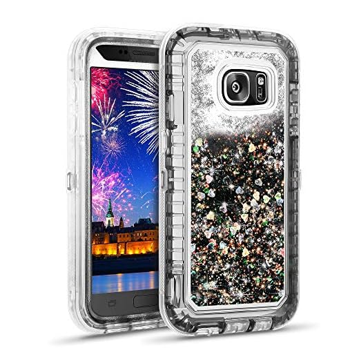 Wollony for Galaxy S7 Case Glitter Liquid Bling Case for Girls 360 Full Body Shockproof Heavy Duty Quicksand 3 in 1 Bumper Soft Non-Slip Clear Rubber Protective Cover for Samsung Galaxy S7 Black