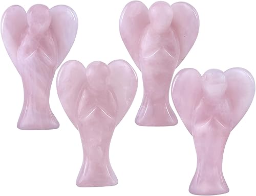 Miniatura 3 de mookaitedecor Estatua de ángel guardián de cristal de cuarzo rosa de 3 pulgadas, estatua de ángel tallada a mano con alas de corazón para