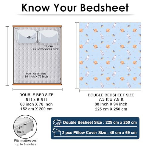 Image of Story@Home Space Theme Kids Double Bedsheet 225x250 cm with 2 Pillow Covers | Cotton Feel 180 TC Soft Fabric | Space Blue Astronaut & Galaxy Design | Breathable & Skin Friendly
