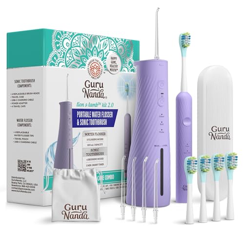 GuruNanda Lion & Lamb Kit 2.0 Electric Toothbrush with Water Flosser Combo 4 Jet Tips 4 Brush Heads & IPX7 Waterproof Design for Complete Oral Care Lavender