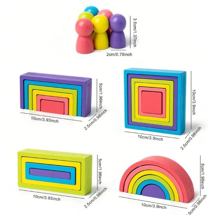 Image of Happy Hues Wooden Rainbow Stacking Blocks Toy Set, Montessori Geometric Nesting Building Blocks for Toddlers and Kids Ages 3+