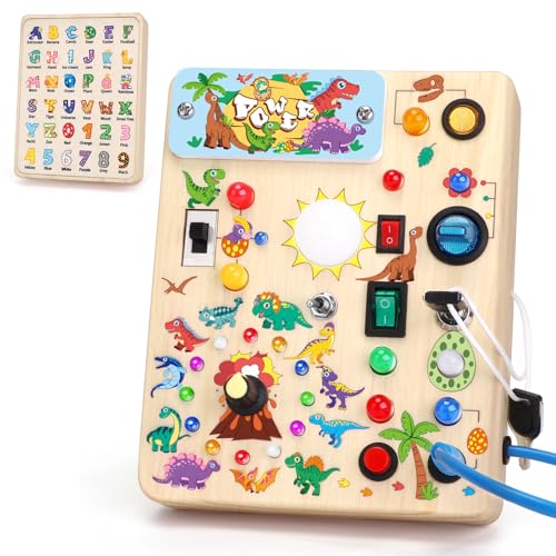 Image of Iabedi Dinosaur Busy Board, Wooden Toddler Toy, Sensory Travel Toy, Ideal Gift for 1-3 Years Old Boys (Dinosaur Busy Board Plus V2), Blue