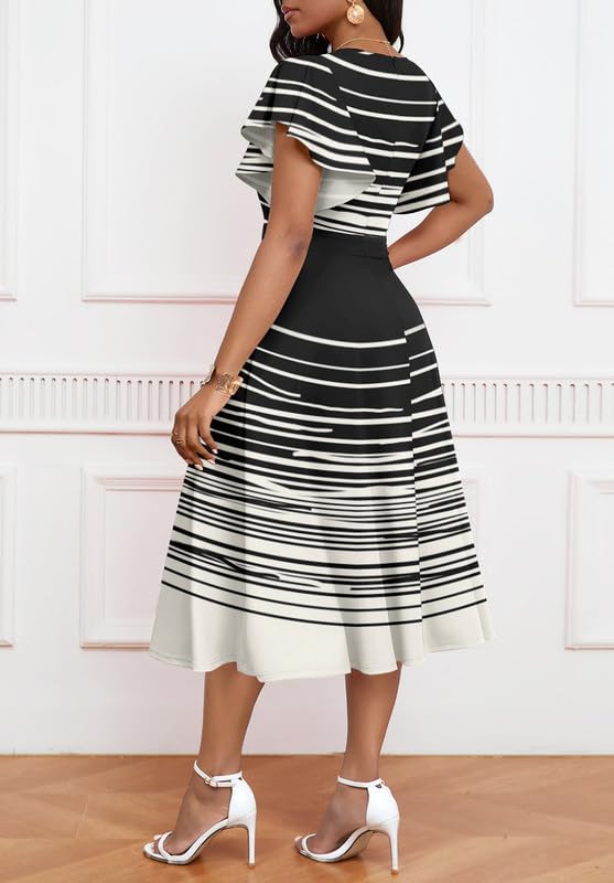 Image of MarryUP Women's Cocktail Midi Dress Elegant V Neck Ruffle Short Sleeve Wrap Wedding Guest Semi Formal A Line Dress