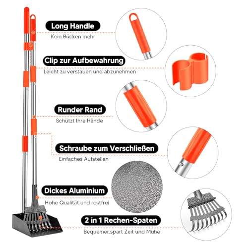 Furggis Hundekotschaufel, 2 Stück Dog Pooper Scooper Hundekotschaufel und Harke Metall Rechen Kehrschaufel für große mittlere kleine Hunde mit Lange verstellbare Griff Rake Waste Removal