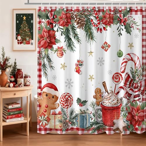 Lindameler Christmas Shower Curtain Xmas Candy Gift Gingerbread-Man Shower Curtain Poinsettia Floral Red Checkered for Christmas Bathroom Decor Xmas Holidays Home Decor 72 X 72 Inch Waterproof