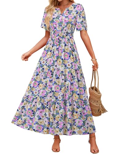 Image of ZESICA Women's 2026 Summer Spring Floral Boho Maxi Dresses Casual Short Sleeve V Neck A Line Flowy Beach Vacation Dress