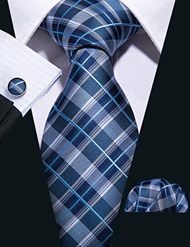 Image of Barry.Wang Plaid Ties Check Mens Necktie Set with Handkerchief Cufflinks Classic Stripe