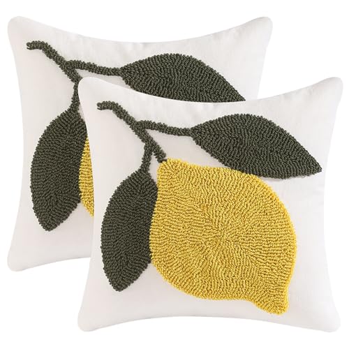 Tosleo Housse de Coussin Citron Touffeté avec Feuilles 45 x 45 cm Été Ferme Coton Doux Décoratif Taie d'oreiller pour Canapé Salon Chambre Chaise Jardin...
