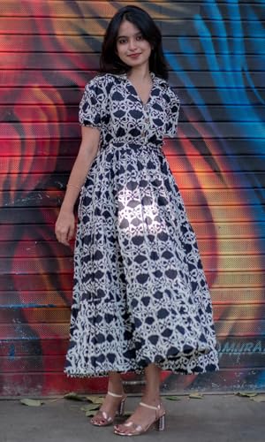 Image of Sun Fashion And Lifestyle Women's Rayon Printed Maxi Length Dress | Puff Sleeve Button Down Dress | Fit & Flare Casual Wear Dress for Women & Girls (GWN3 Cream)