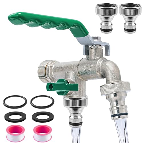 Doppio rubinetto, rubinetto da giardino da 1/2', in ottone di alta qualità, protezione da ruggine e antigelo, con raccordi per tubi, nastro di tenuta a rullo, doppio connettore e bocchetta per tubo