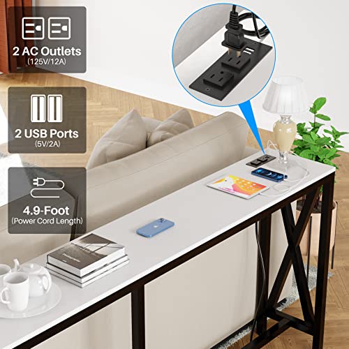 Image of Aquzee Console Table with 2 Power Outlet and 2 USB Ports, 70.9 inch x 11.8 inch x 31.5 inch Steel Frame Narrow Behind Couch Sofa Table, Extra Long White Entryway Table