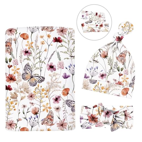 Image of Newborn Swaddle Set with Matching Headband Hat and Bow Set Floral Baby Girl Newborn Receiving Blankets Baby Swaddle Nursery Wildflower Baby Blanket