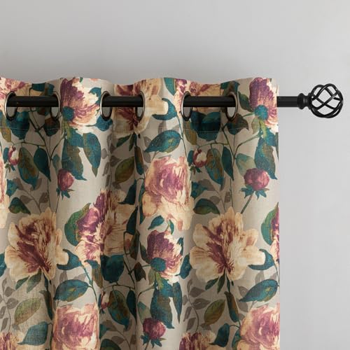 Image of ALIGOGO Floral Kitchen Curtains 54 Inch Length, Cottage Semi-Blackout Flower Curtains for Small Window, Light Filering Grommet Floral Drapes 2 Panels, 50W x 54L Inch, Taupe