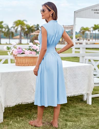 Image of Summer Dresses for Women 2025 V Neck Sleeveless Zipper Dinner Vacation Beach Midi Flowy Sundress Light Blue S
