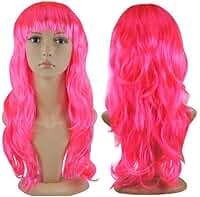 Peruca Longa Ondulada Rosa Pink, com Franja, para Cosplay e Fantasia