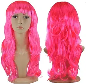 Peruca Longa Ondulada Rosa Pink, com Franja, para Cosplay e Fantasia