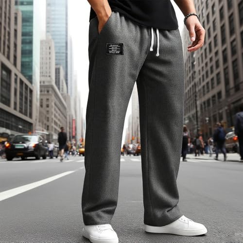 Mokaloha Mens Waffle Pants, Men's Casual Waffle Embroidered Logo Elastic Waist Loose and Comfortable Trousers2