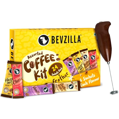 Bevzilla 24 Coffee Sachets & Frother (24 X 2 Gram Sachets) | 6 Pouches Each Flavour | Café coffee Kit |Hazelnut, Colombian Gold, Vanilla & Butterscotch | 100% Arabica Beans|Enjoy Hot & Cold