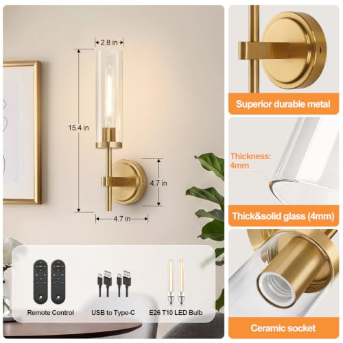 Image of Battery Operated Wall Sconce Set of 2,Brushed Gold Wireless Rechargeable Wall Lighting Fixtures with Remote Control,Dimmable Wall Light for Bathroom ,Vanity, Living Room, Bedroom, Hallway, Stairway