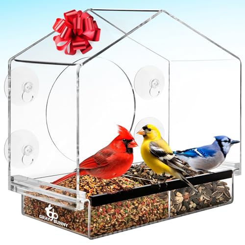 Window Bird Feeder with Strong Suction Cups (Clear) Bird Feeders for Outdoors with Drain Holes, Removable Tray and Large Seed Capacity